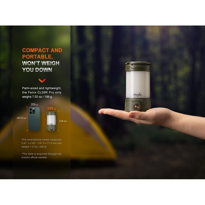 Fenix CL26RPROCAM - Lampe portable rechargeable à intensité variable LED/USB IP66 650 lm 408 h 5000 mAh gris