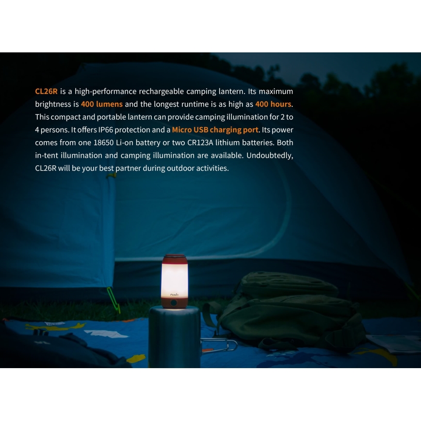 Fenix CL26RRED - Lampe portable rechargeable à intensité variable LED/USB/2xCR123A IP66 400 brillant 400 h 2600 mAh orange