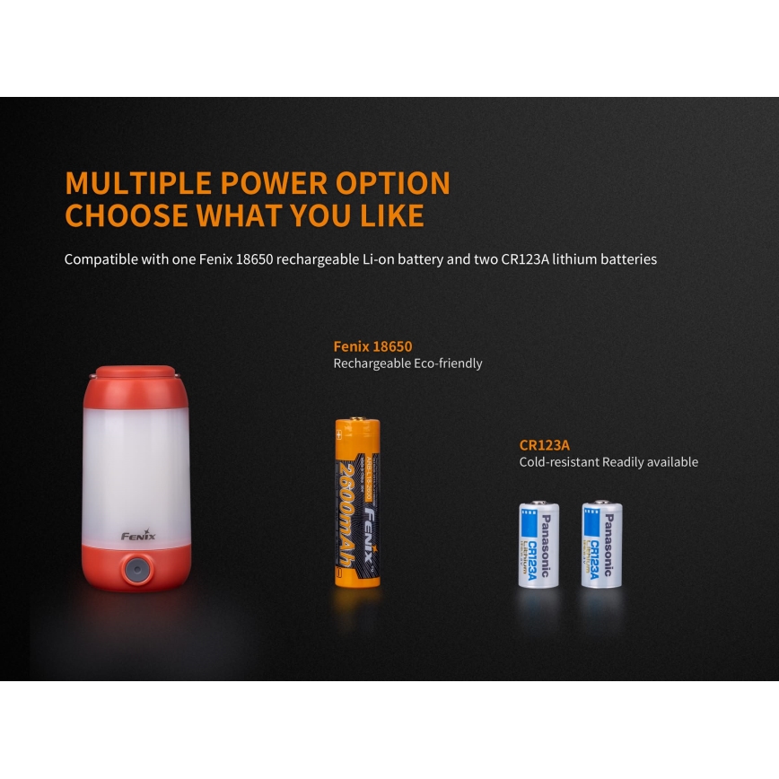 Fenix CL26RRED - Lampe portable rechargeable à intensité variable LED/USB/2xCR123A IP66 400 brillant 400 h 2600 mAh orange