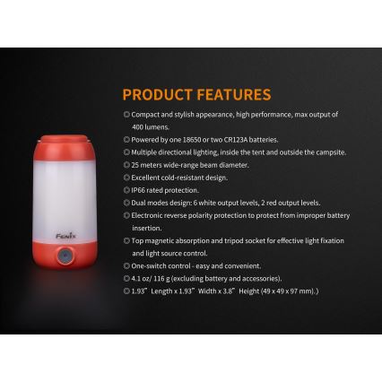 Fenix CL26RRED - Lampe portable rechargeable à intensité variable LED/USB/2xCR123A IP66 400 brillant 400 h 2600 mAh orange