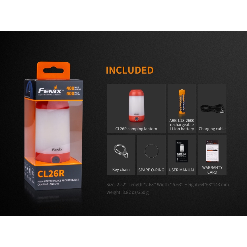 Fenix CL26RRED - Lampe portable rechargeable à intensité variable LED/USB/2xCR123A IP66 400 brillant 400 h 2600 mAh orange