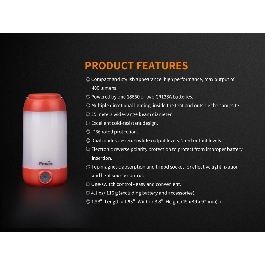 Fenix CL26RRED - LED Dimbaar draagbaar oplaadbaar lamp LED/USB/2xCR123A IP66 400 glanzend 400 h 2600 mAh oranje