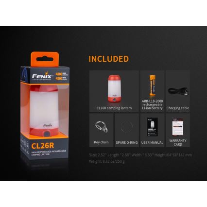 Fenix CL26RRED - LED Dimbaar draagbaar oplaadbaar lamp LED/USB/2xCR123A IP66 400 glanzend 400 h 2600 mAh oranje