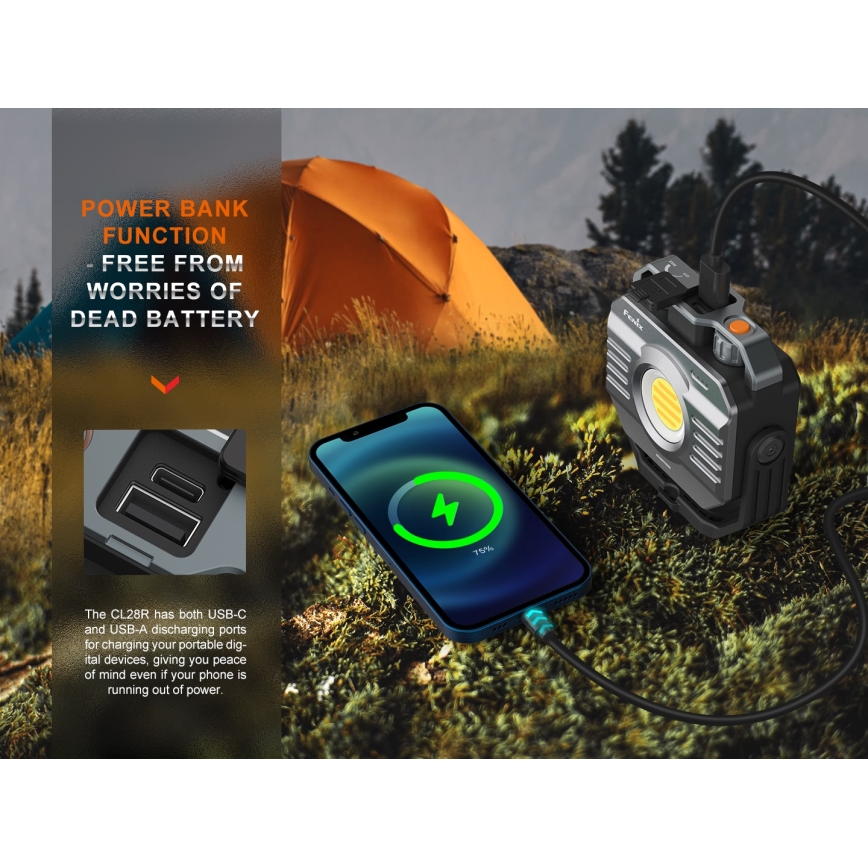 Fenix CL28R - Projecteur à intensité variable rechargeable avec une batterie portative LED/USB IP66 2000 brillant 360 h 10000 mAh