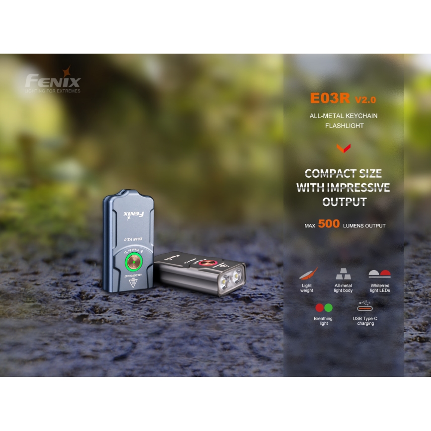 Fenix E03RV20GREY - LED Oplaadbare zaklamp LED/USB IP66 500 glanzend 30 h 400 mAh
