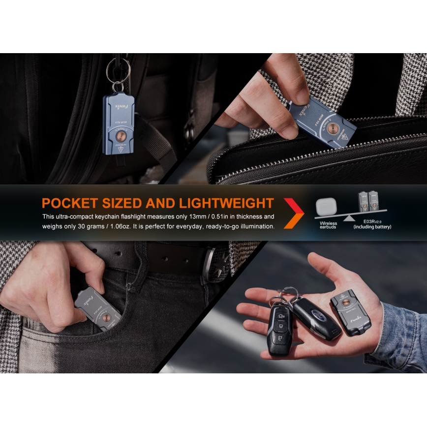Fenix E03RV20GREY - LED Oplaadbare zaklamp LED/USB IP66 500 glanzend 30 h 400 mAh