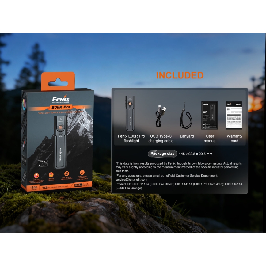 Fenix E06RPROEUBLC- Dimbare oplaadbare LED-zaklamp LED/USB 1650 mAh IP66 1600 lm 111 uur zwart