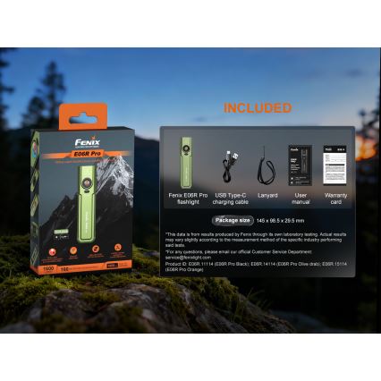 Fenix E06RPROEUOLI - Dimbare oplaadbare LED-zaklamp (LED/USB), 1650 mAh, IP66, 1600 lm, 111 uur, groen