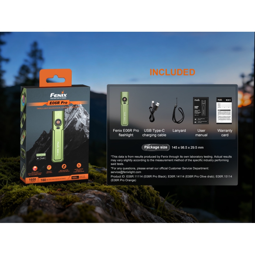 Fenix E06RPROEUOLI - Dimbare oplaadbare LED-zaklamp (LED/USB), 1650 mAh, IP66, 1600 lm, 111 uur, groen