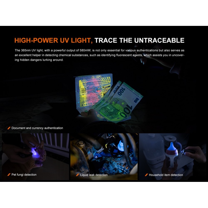 Fenix E06RTKS - LED Dimbaar oplaadbaar zaklamp UV LED/USB IP66 700 lm 60 h 750 mAh turquoise