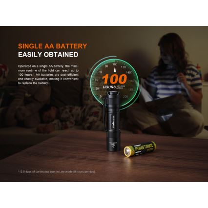 Fenix E12V30 - Lampe de poche LED rechargeable à intensité réglable LED/1xAA 2000 mAh IP68 200 lm 100 h noire