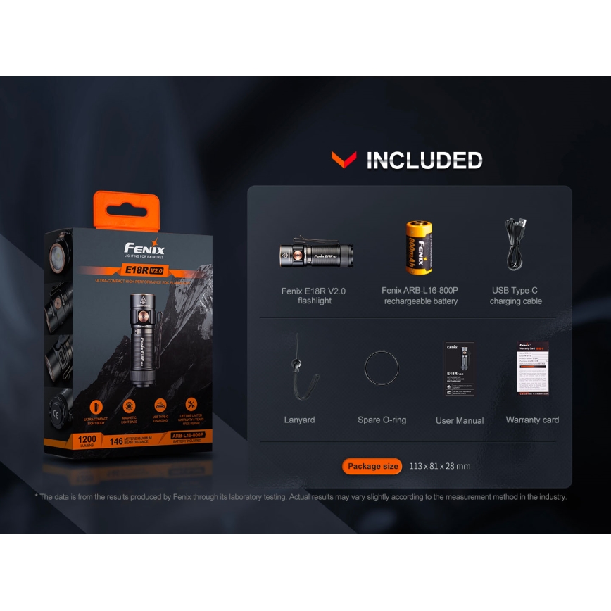 Fenix E18RV20800 - Lampe de poche LED rechargeable à intensité réglable LED/USB/1xCR123A 800 mAh IP68 1200 lm 200 h noire
