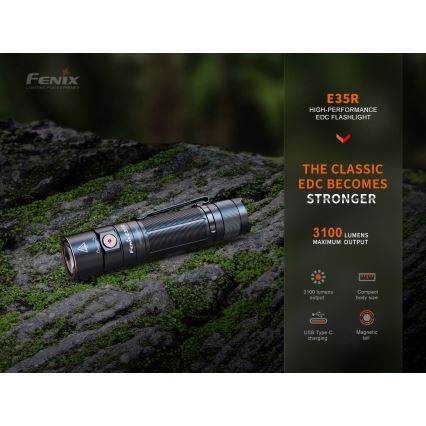 Fenix E35RSETAODS - Lampe torche à intensité variable rechargeable LED/USB IP68 3100 lm 69 h 5000 mAh + diffuseur 26,5mm