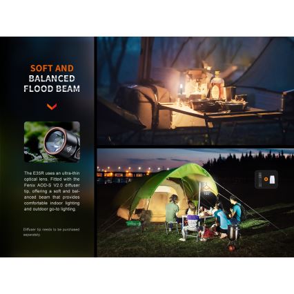 Fenix E35RSETAODS - Lampe torche à intensité variable rechargeable LED/USB IP68 3100 lm 69 h 5000 mAh + diffuseur 26,5mm