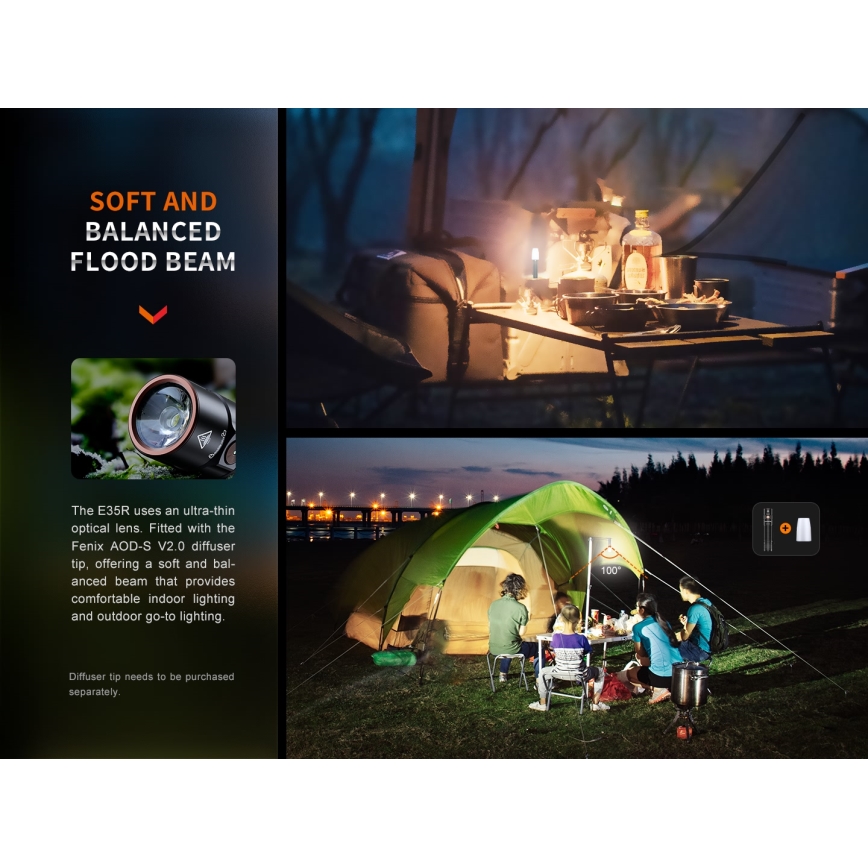 Fenix E35RSETAODS - Lampe torche à intensité variable rechargeable LED/USB IP68 3100 lm 69 h 5000 mAh + diffuseur 26,5mm