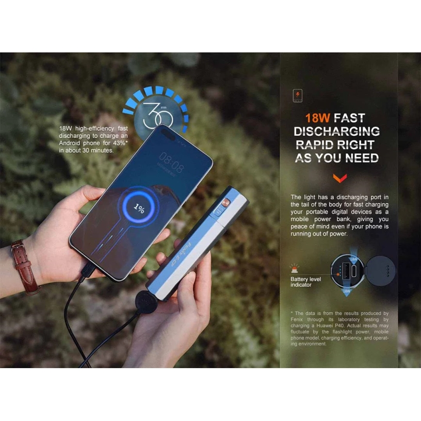 Fenix ECPBLUE - Lampe torche rechargeable avec batterie portative USB IP68 1600 brillant 504 h 5000 mAh bleu