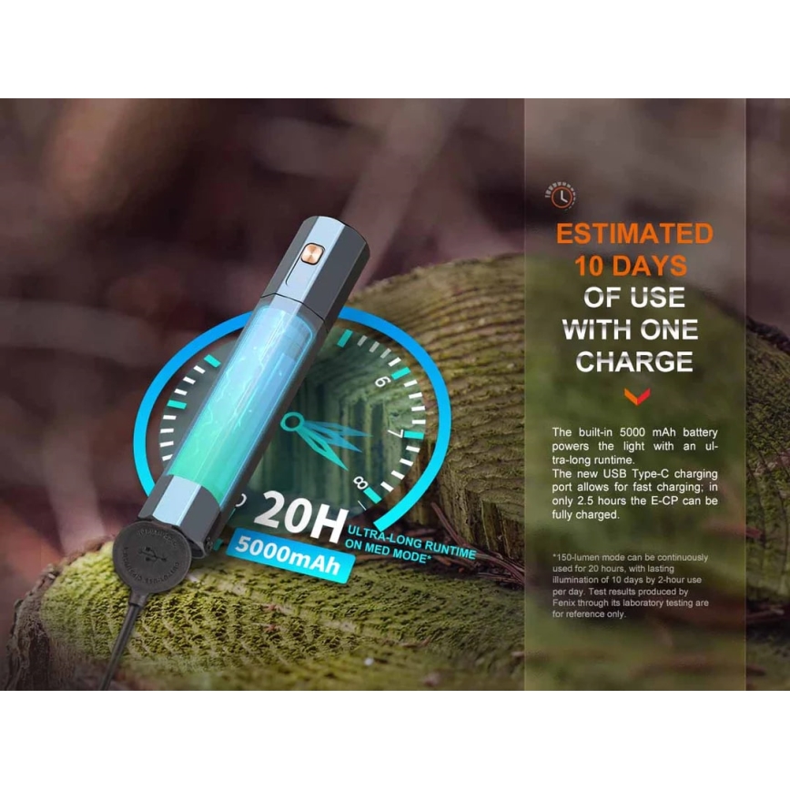 Fenix ECPBLUE - Lampe torche rechargeable avec batterie portative USB IP68 1600 brillant 504 h 5000 mAh bleu