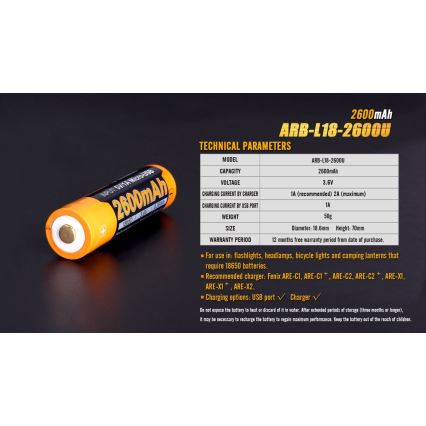 Fenix FE18650LI26USB - Pile rechargeable 1pc USB/3,6V USB/3,6V 2600 mAh