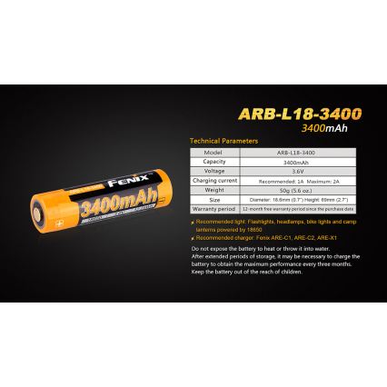 Fenix FE18650LI34 - 1 stuk oplaadbare accu 18650/3,6V 3400 mAh
