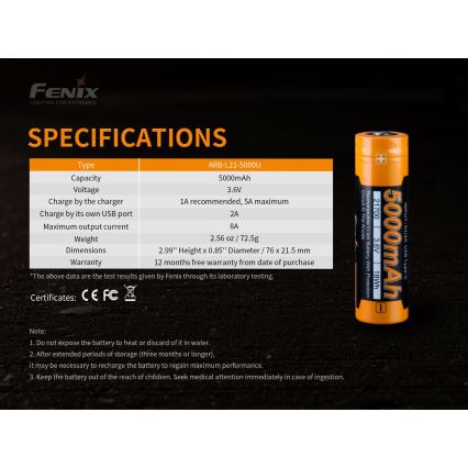 Fenix FE21700USB - 1 stuk Oplaadbare USB-accu/3,6V 5000 mAh