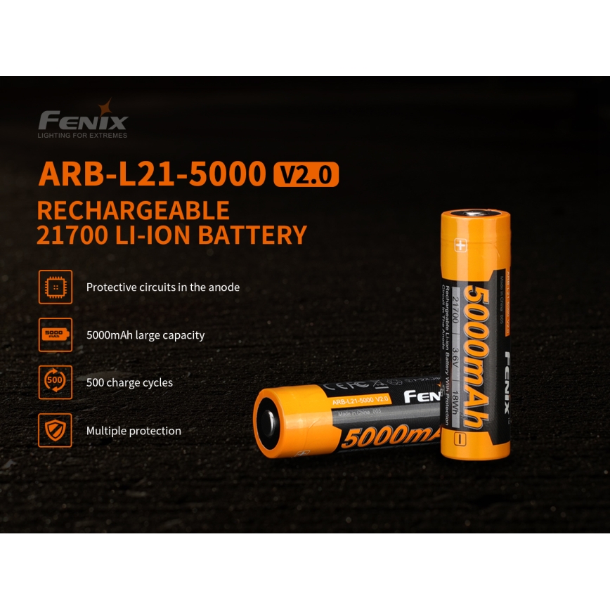 Fenix FE21700V20 - 1 pièce Batterie rechargeable 21700 3,6 V 5000 mAh