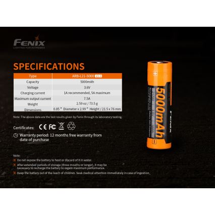 Fenix FE21700V20 - 1 pièce Batterie rechargeable 21700 3,6 V 5000 mAh