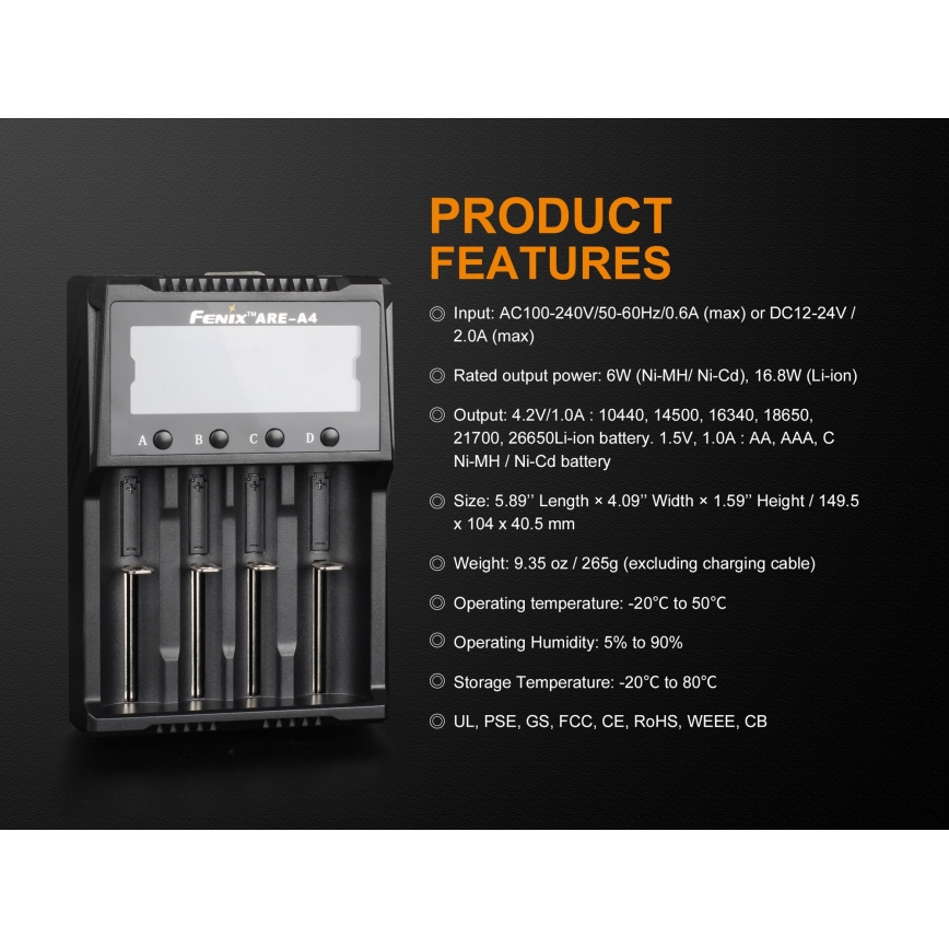 Fenix FENAREA4 - Acculader 4xLi-ion/AAA/AA/C 5V