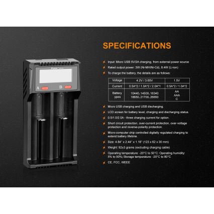 Fenix FENARED2 - Chargeur de pile 2xLi-ion/AAA/AA/C 5V