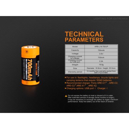 Fenix FERCR123ALIIONUP - 1 pièce Batterie rechargeable USB/3,6V 700 mAh