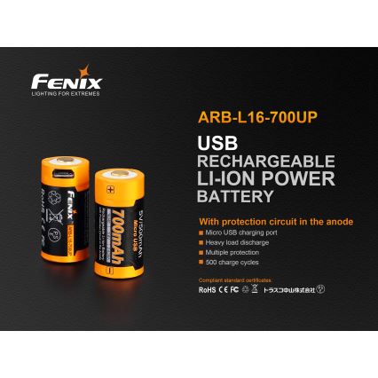 Fenix FERCR123ALIIONUP - 1 stuk USB-oplaadbare batterij, 3,6 V, 700 mAh