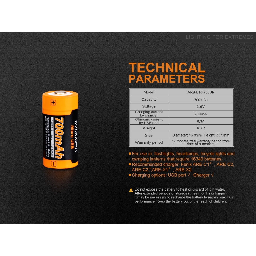 Fenix FERCR123ALIIONUP - 1 stuk USB-oplaadbare batterij, 3,6 V, 700 mAh