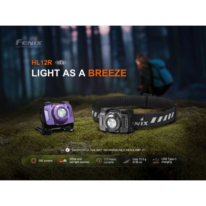 Fenix HL12RV20BLC - Lampe frontale rechargeable LED à intensité variable LED/USB 950 mAh IP66 500 lm jusqu'à 112 h noire