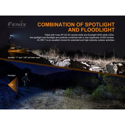 Fenix HL18RTRAIL - Lampe frontale LED rechargeable LED/3xAAA IP66 500 lm 300 hrs