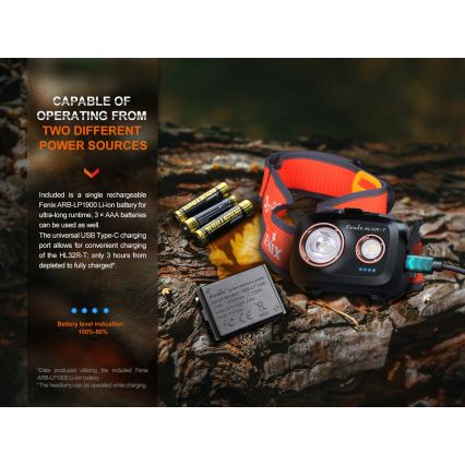 Fenix HL32RTRED - Lampe frontale rechargeable LED/USB/3xAAA IP66 800 lm 300 h rouge/orange