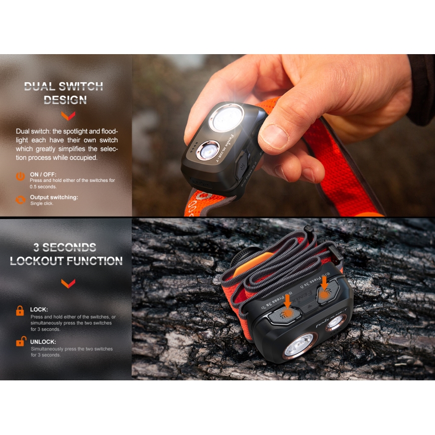 Fenix HL32RTRED - Lampe frontale rechargeable LED/USB/3xAAA IP66 800 lm 300 h rouge/orange
