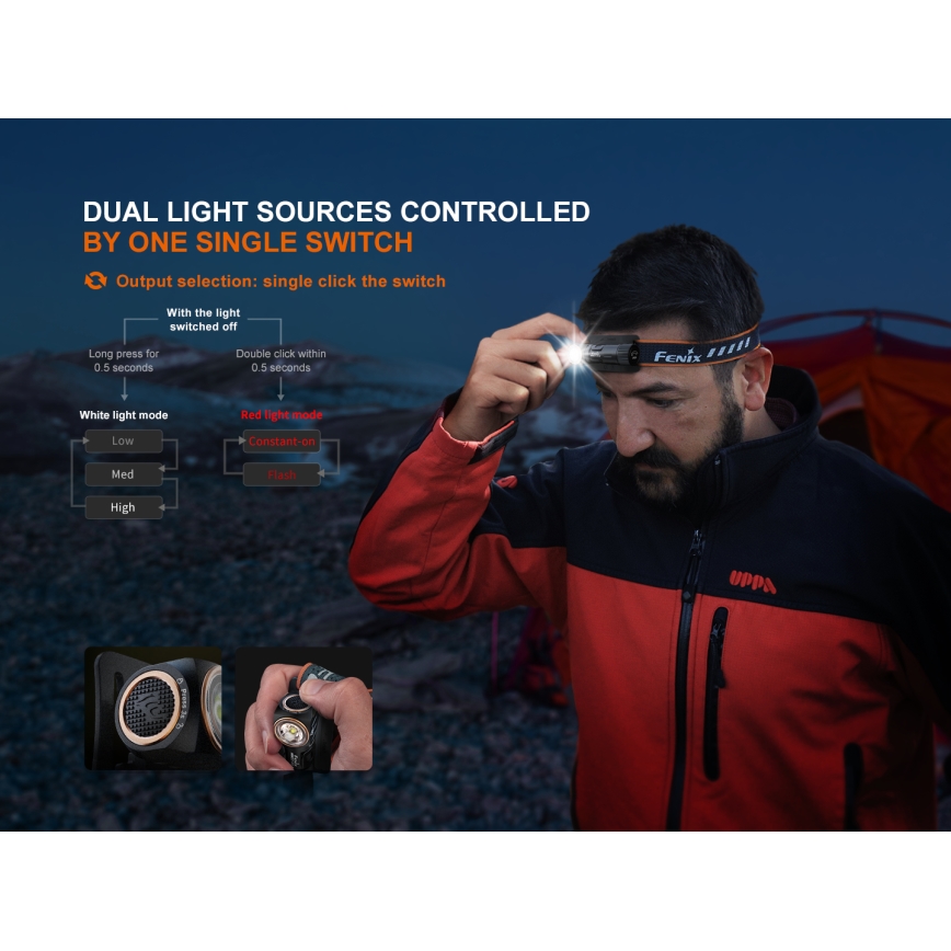 Fenix HM23V20 - Lampe frontale à intensité variable LED/1xAA IP68 300 lm 100 h