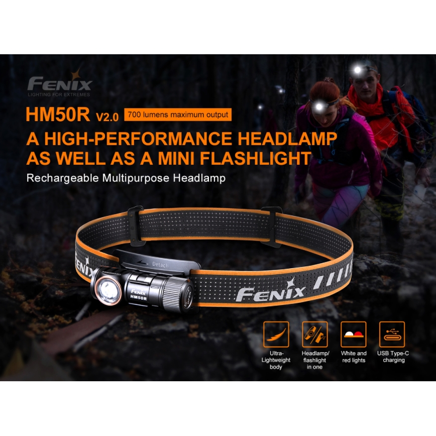 Fenix HM50RV20 - Lampe frontale rechargeable 3xLED/USB/1xCR123A IP68 700 brillant 120 h 700 mAh