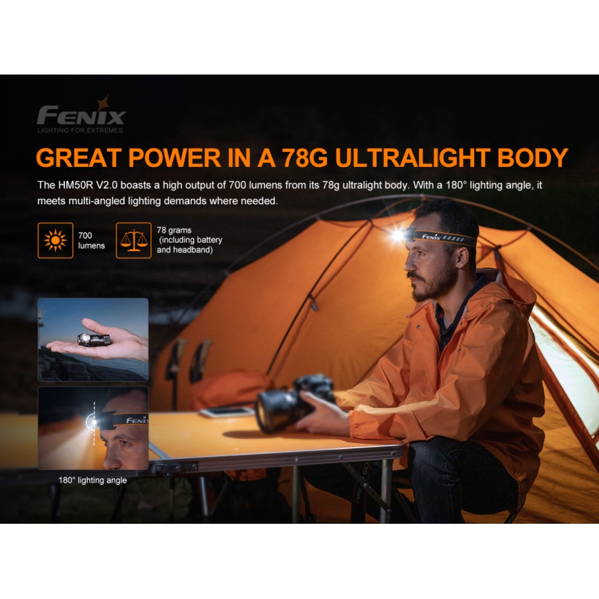 Fenix HM50RV20 - Lampe frontale rechargeable 3xLED/USB/1xCR123A IP68 700 brillant 120 h 700 mAh