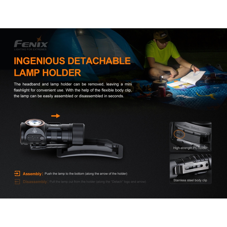 Fenix HM51RV20 - Lampe frontale rechargeable 3xLED/1xCR123A/USB IP68 700 brillant 120 h 700 m