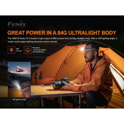 Fenix HM51RV30 - lampe frontale rechargeable à intensité variable LED/USB/1xCR123A 950 mAh IP68 860 lm 125 h orange