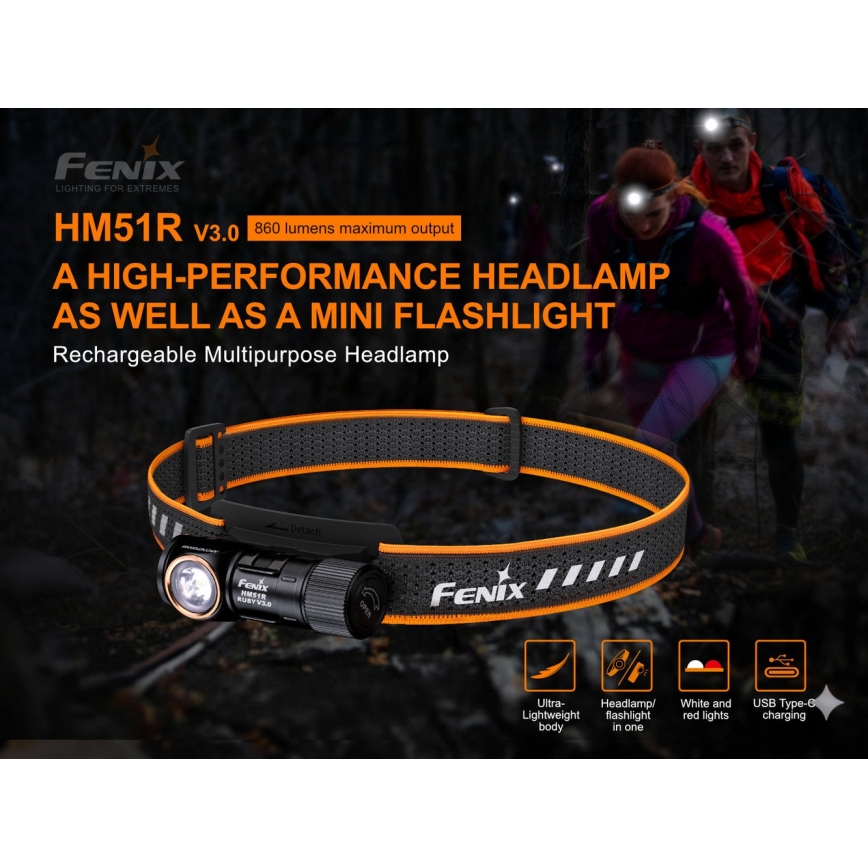 Fenix HM51RV30 - dimbare oplaadbare LED-hoofdlamp LED/USB/1xCR123A 950 mAh IP68 860 lm 125 h oranje