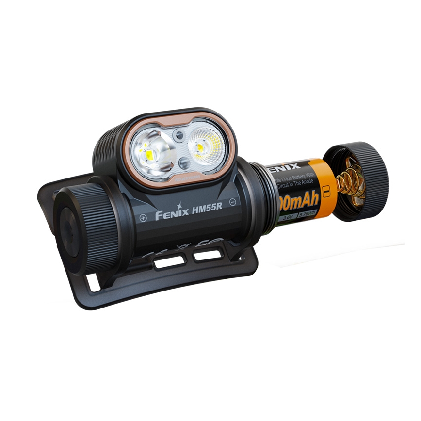 Fenix HM55RABL - Lampe frontale LED rechargeable à intensité réglable, LED/USB/1xCR123A, 1600 mAh, IP68, 1200 lm, 141,2 h, noire