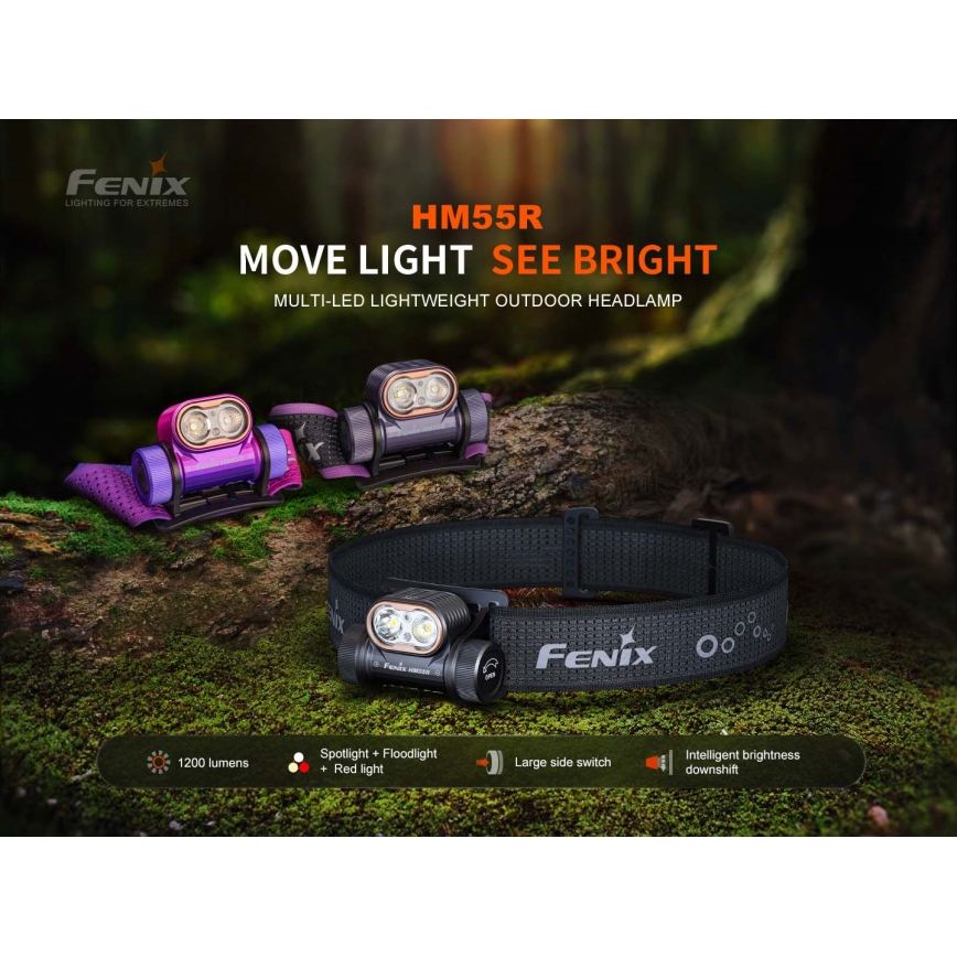 Fenix HM55RABL - Dimbare oplaadbare LED-hoofdlamp LED/USB/1xCR123A 1600 mAh IP68 1200 lm 141,2 h zwart