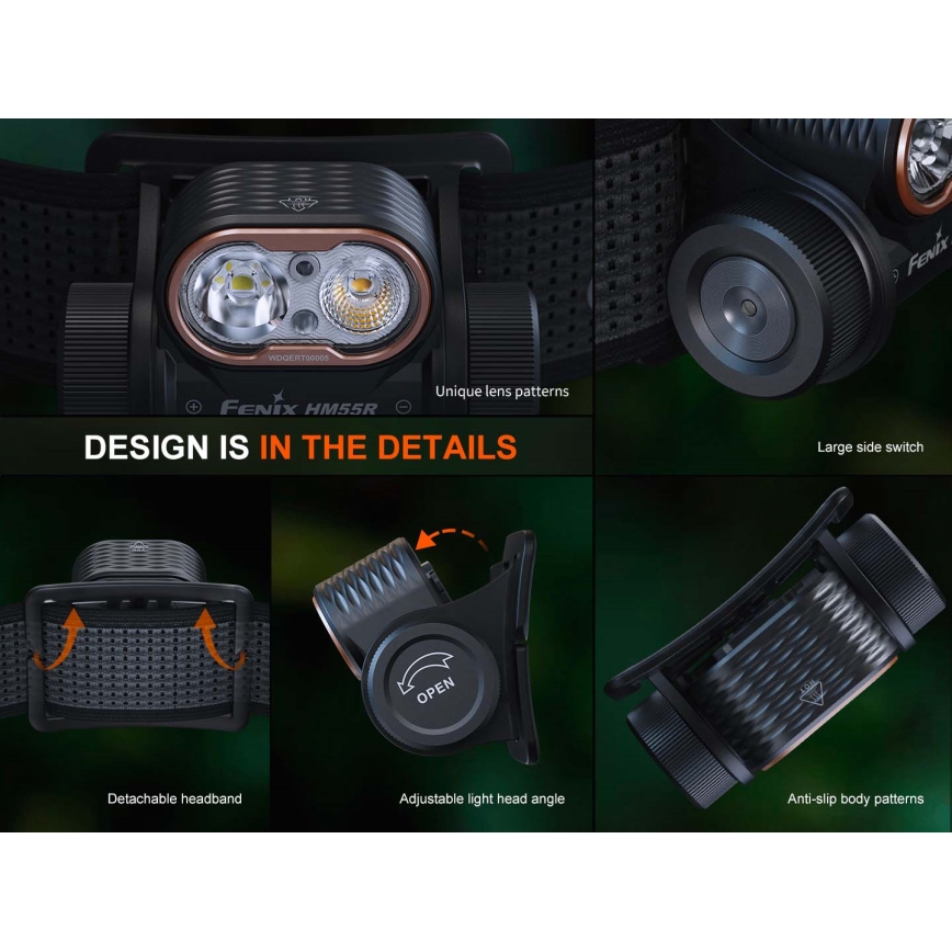 Fenix HM55RABL - Dimbare oplaadbare LED-hoofdlamp LED/USB/1xCR123A 1600 mAh IP68 1200 lm 141,2 h zwart