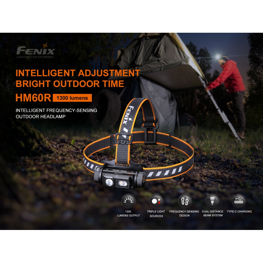 Fenix HM60R - Lampe frontale à intensité variable rechargeable 4xLED/USB/2xCR123A IP68 1300 brillant 300 h 3400 mAh