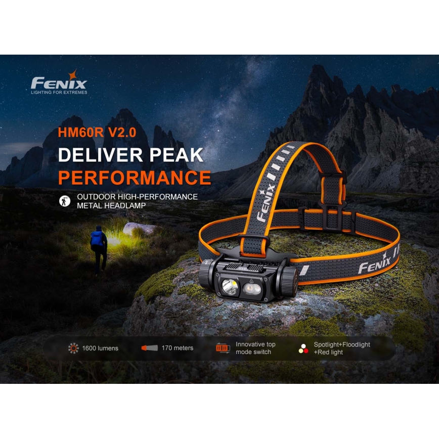Fenix HM60RV20 - LED-dimbare oplaadbare hoofdlamp LED/USB 4000 mAh IP68 1600 lm 292 h oranje