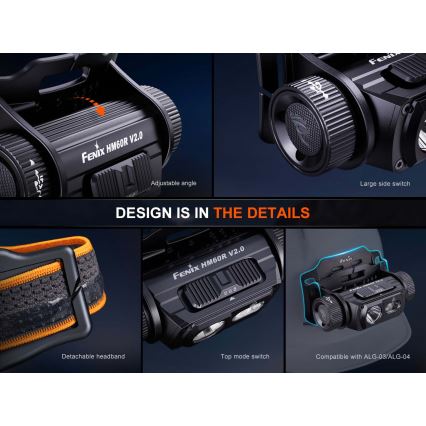 Fenix HM60RV20 - Lampe frontale LED rechargeable à intensité réglable LED/USB 4000 mAh IP68 1600 lm 292 h orange