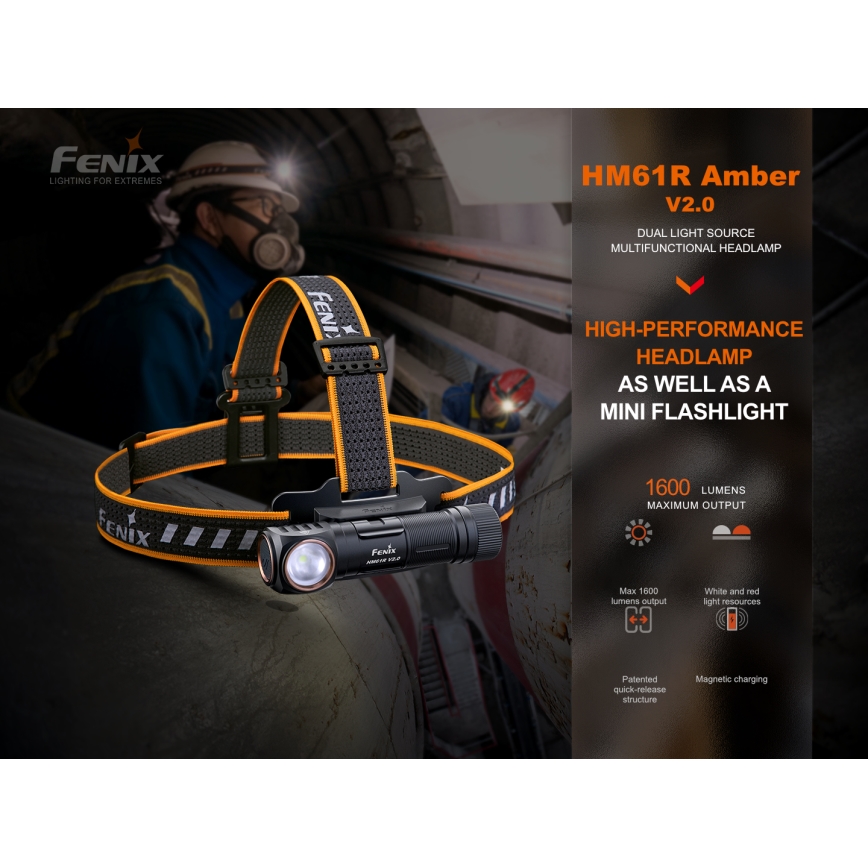 Fenix HM61RV20 - Lampe frontale rechargeable LED/USB/2xCR123A IP68 1600 lm 300 h 3400 mAh