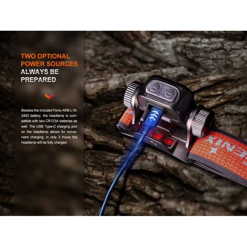 Fenix HM65RTV20BLC- LED Dimbaar oplaadbaar hoofdlamp LED/USB/2xCR123A IP68 3400 mAh zwart/oranje