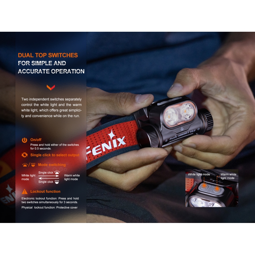 Fenix HM65RTV20BLC- LED Dimbaar oplaadbaar hoofdlamp LED/USB/2xCR123A IP68 3400 mAh zwart/oranje
